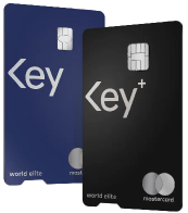 A blue One Key World Elite Mastercard and a black One Key plus World Elite Mastercard